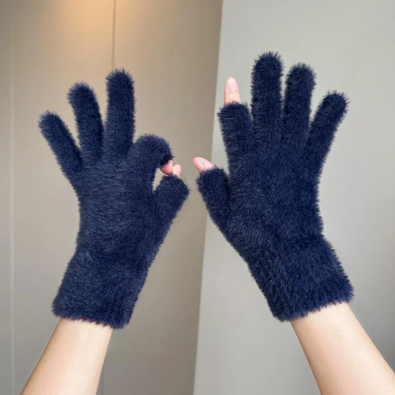 手套女冬可爱韩版学生保暖写字毛绒加厚骑行防寒露二指实用T813C