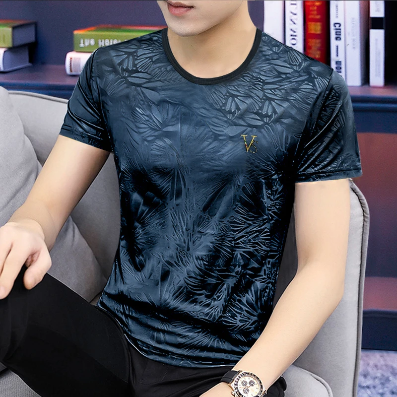 印花男款100%冰丝T恤夏季圆领大码冰感速干透气男士短袖T恤上衣服