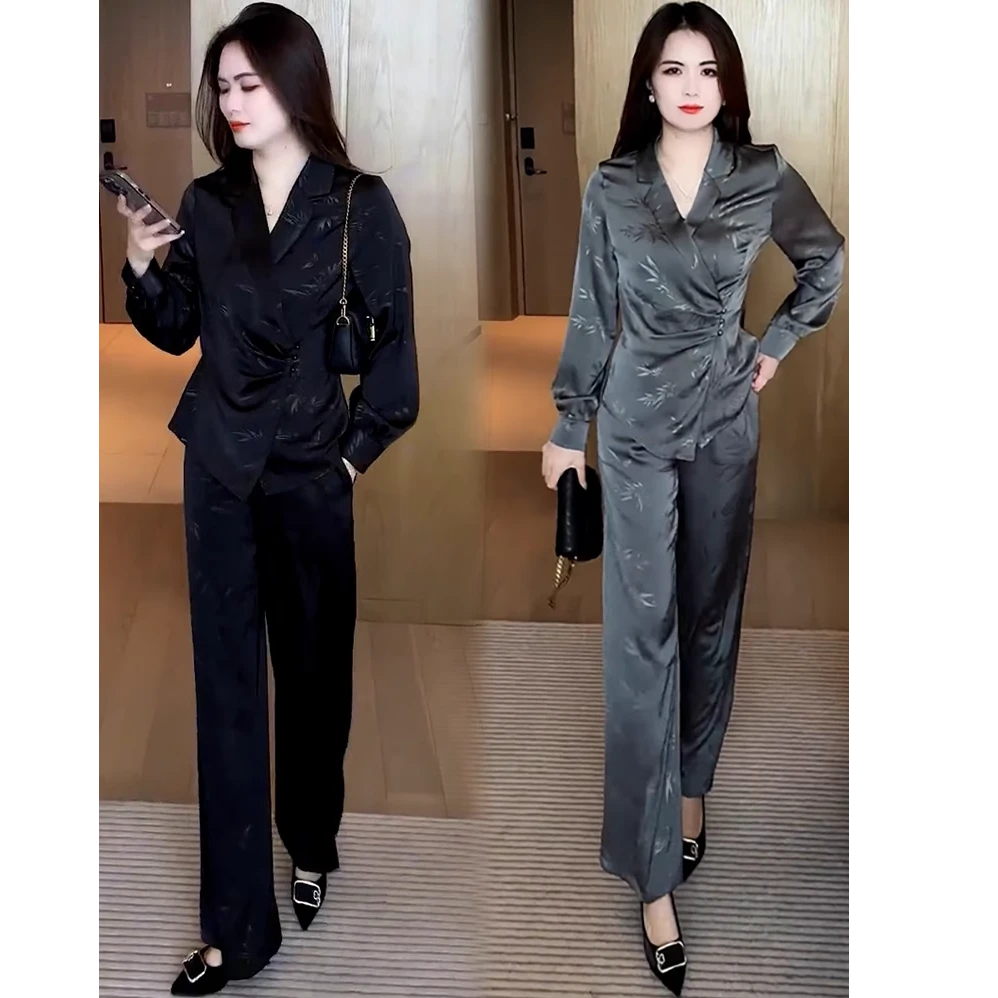 新中式时尚套装女2024秋季新款气质收腰显瘦盘扣上衣阔腿裤两件套