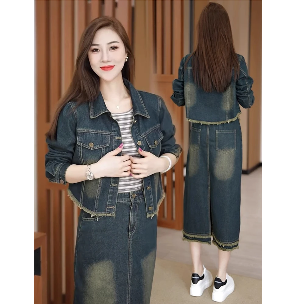 复古港味牛仔连衣裙套装一整套女2024秋季新款时尚洋气三件套套裙