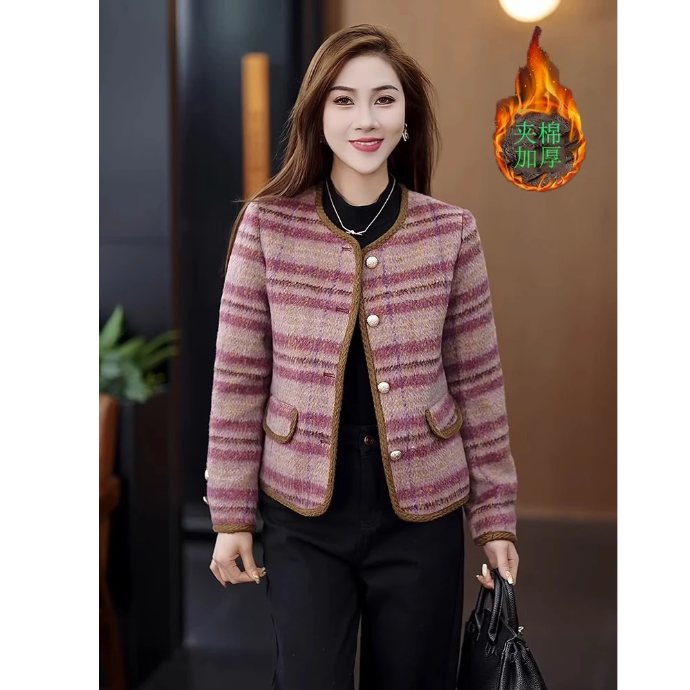 小香风格子毛呢外套女2024秋冬新款时尚气质减龄加棉加厚呢子上衣