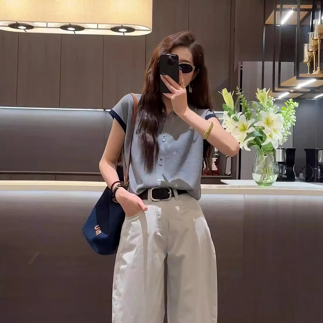 白色九分裤女夏季薄款2024新款小个子POLO领短袖哈伦裤子洋气套装