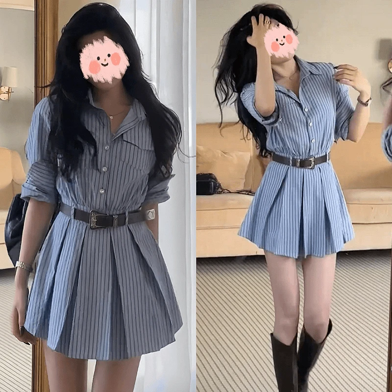 2024早秋新款条纹衬衫连衣裙时尚洋气显瘦收腰高腰百褶裙短裙女装