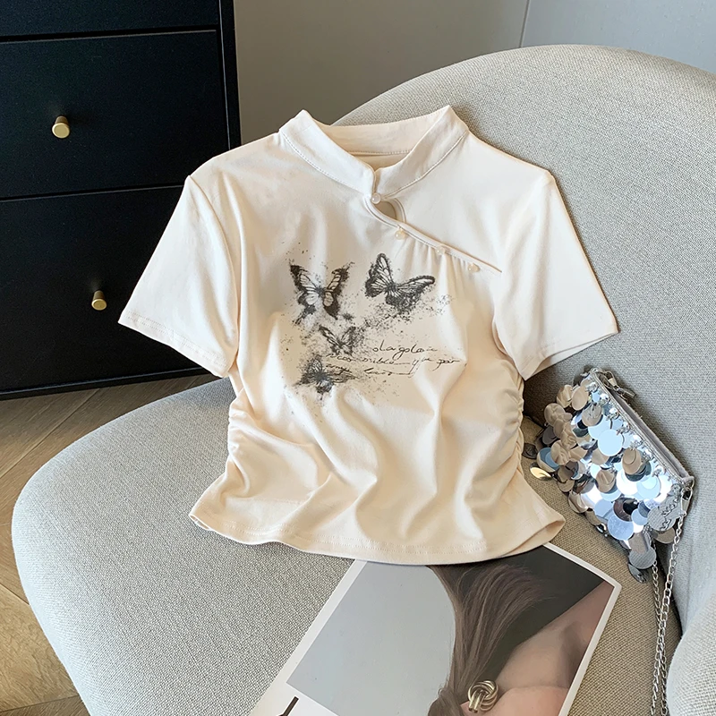 辣妹蝴蝶印花收腰短袖t恤女2024夏季新款修身款新中式斜排扣上衣