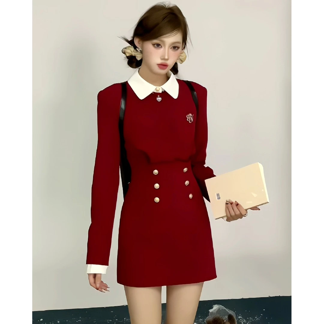 减龄学院风连衣裙2023秋冬法式百搭活力感假两件polo中长裙送胸针