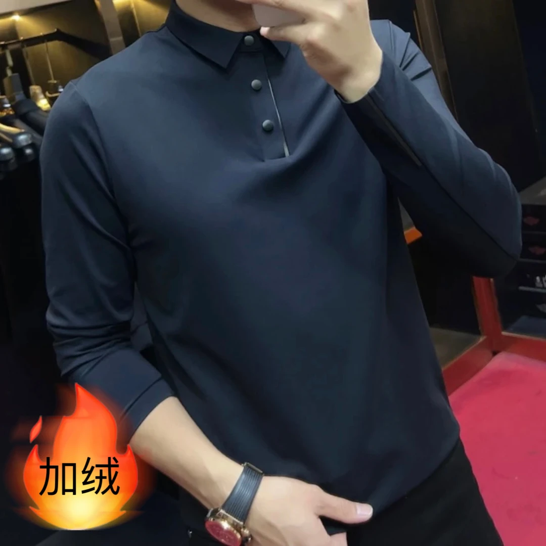 9903#四面高弹简约欧品POLO衫男士春秋潮流商务翻领长袖纯色