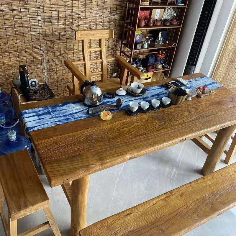 老榆木桌子实木茶桌复古茶台家用书桌原木桌面吧台长条桌饭店餐桌
