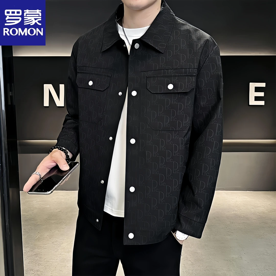 罗蒙外套男春秋新款商务休闲百搭高档秋装翻领工装行政夹克外套