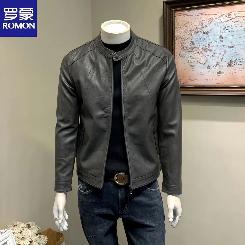 罗蒙春秋季PU皮立领短款皮衣男韩版修身机车皮夹克潮男外套男士