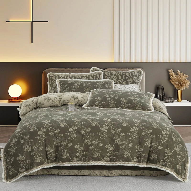 秋冬床上全棉四件套【惊鸿-多色】提花a类母婴全棉柔彩纱棉四件套