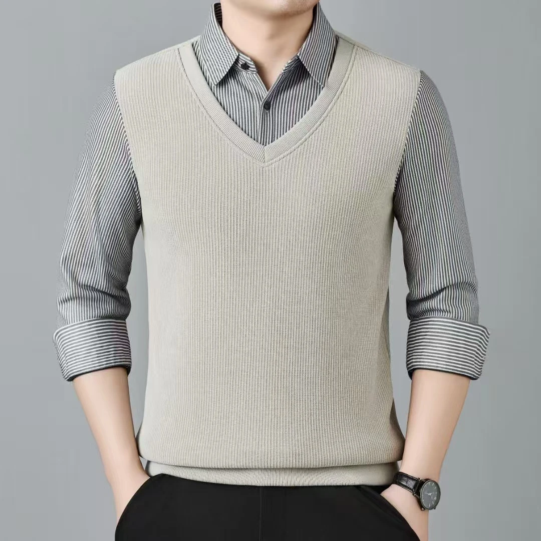 衣狂家--新款假两件套打底商务休闲衬衫领上衣