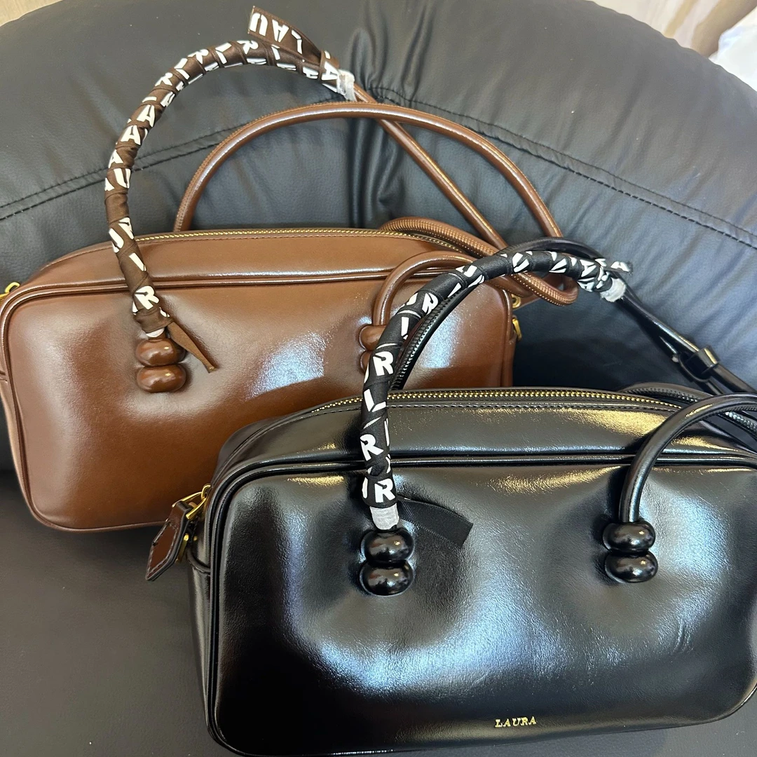 PLY•劳拉时黛高级感波士顿保龄球包2024秋冬复古手提油蜡皮枕头包