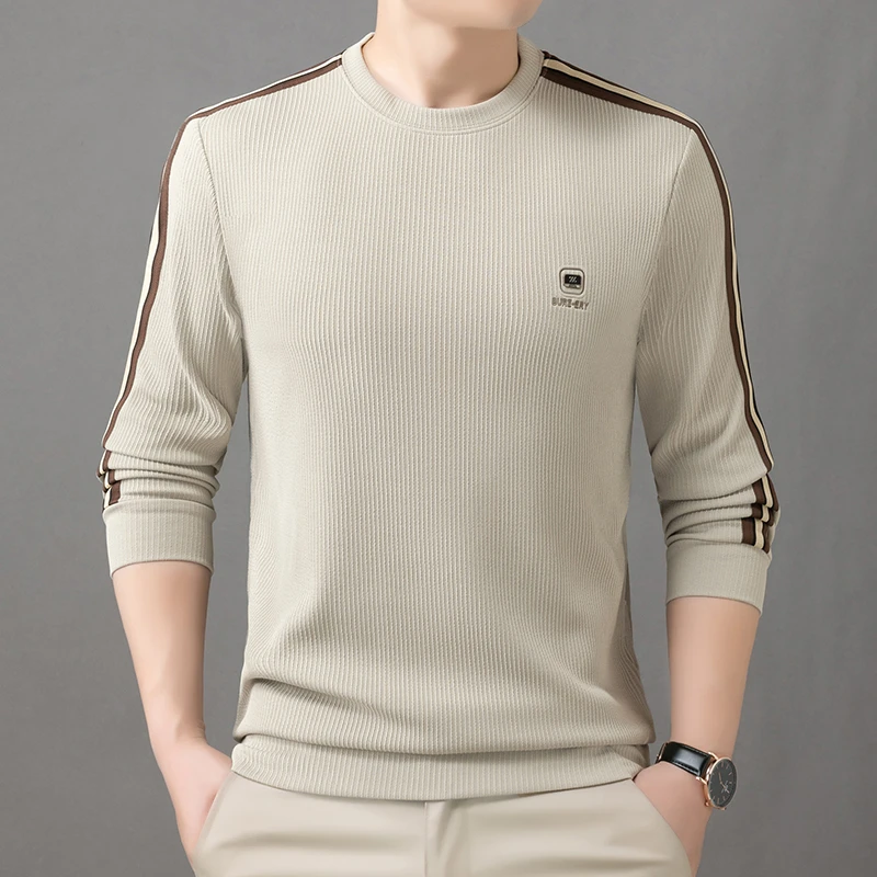 男士圆领长袖t恤春秋季针织打底衫时尚休闲宽松百搭套头上衣