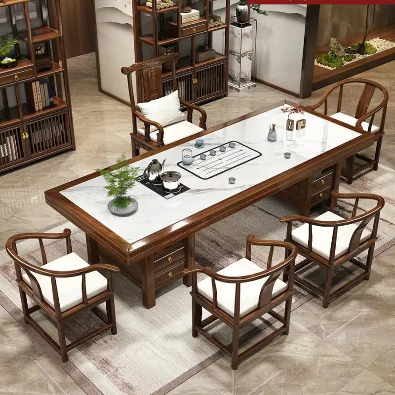 茶桌实木家用岩板大板桌椅一整套组合中式茶台一体办公室茶几