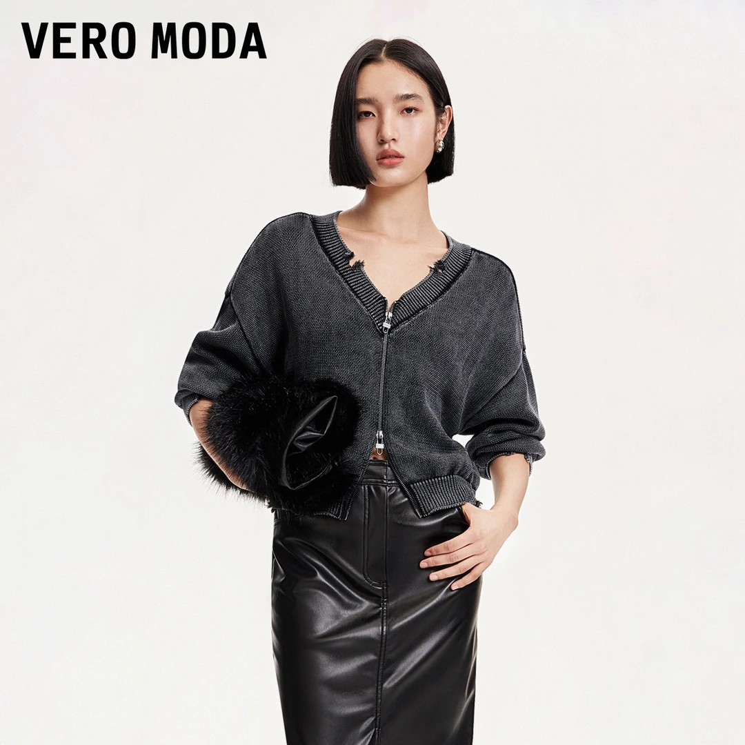 Vero Moda针织衫女冬季做旧磨破废土双拉链开衫老钱风324413077