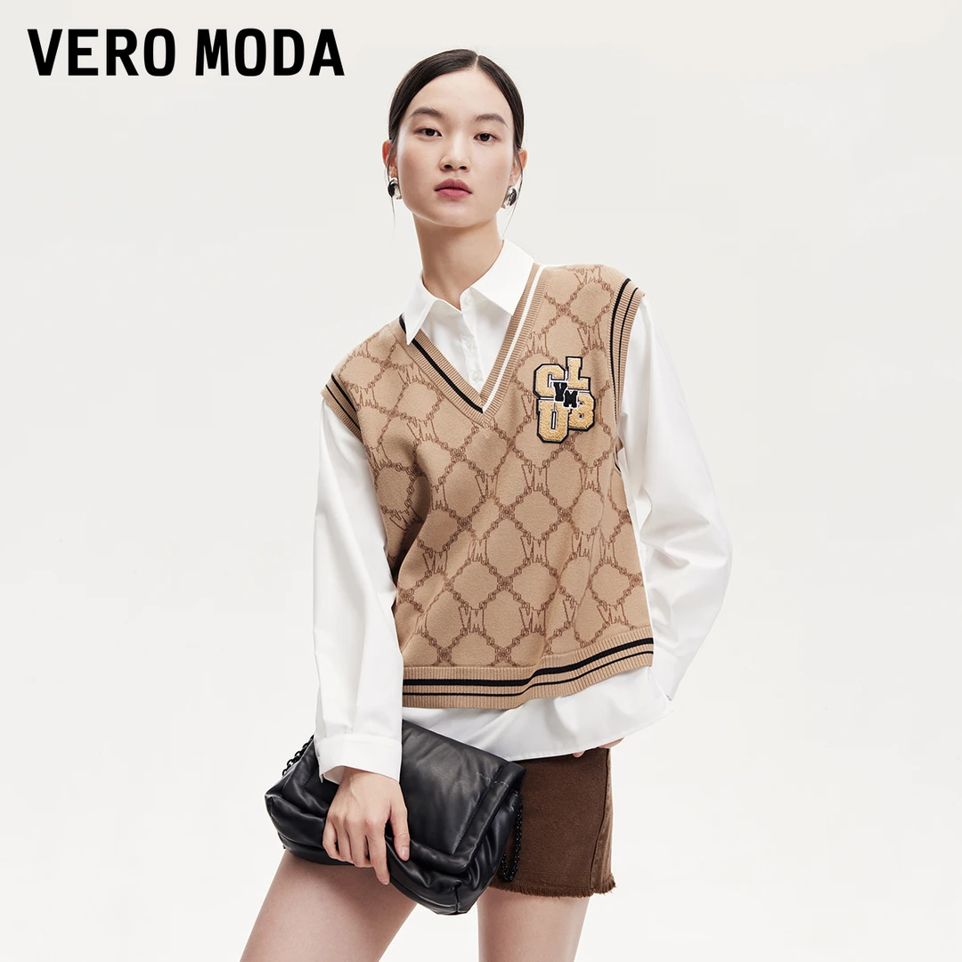 Vero Moda衬衫女24秋假两件翻领老花印花字母贴布324351004