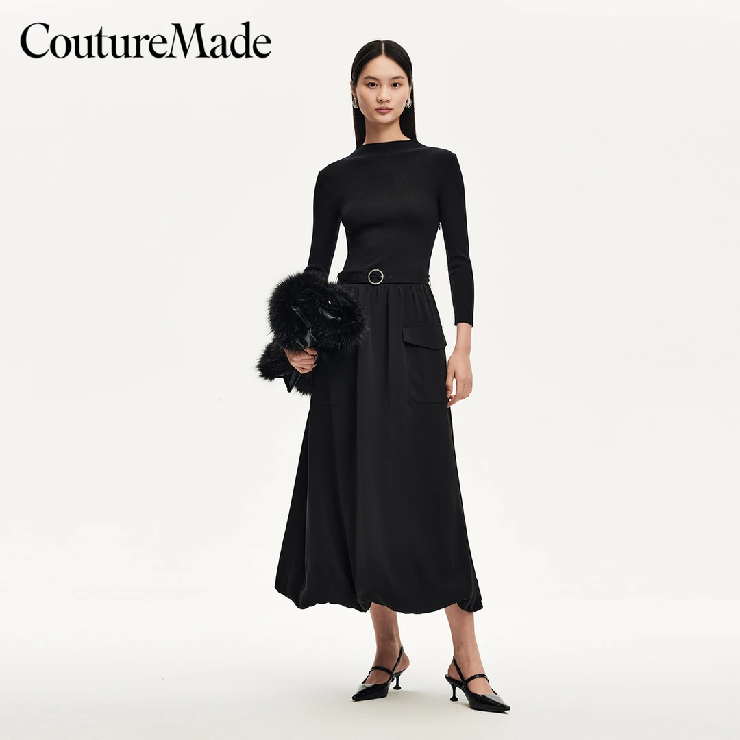 Couture Made连衣裙长袖女显瘦小黑裙时尚老钱风流光风32437C018