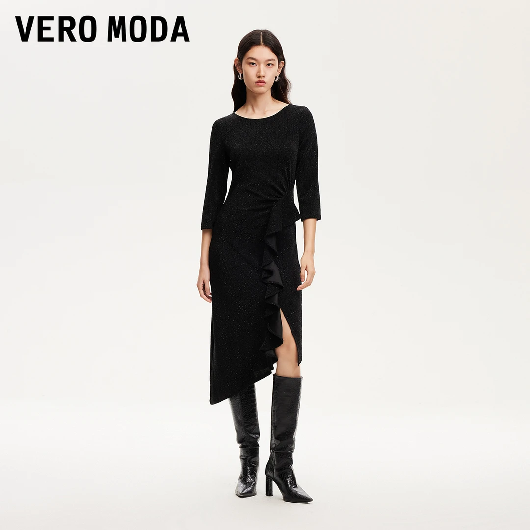 Vero Moda连衣裙女新款亮丝荷叶边圆领连衣裙女百搭洋气324461004