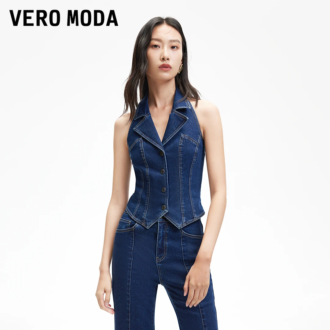 Vero Moda马甲女2025早春新款挂脖明线牛仔无袖325156001