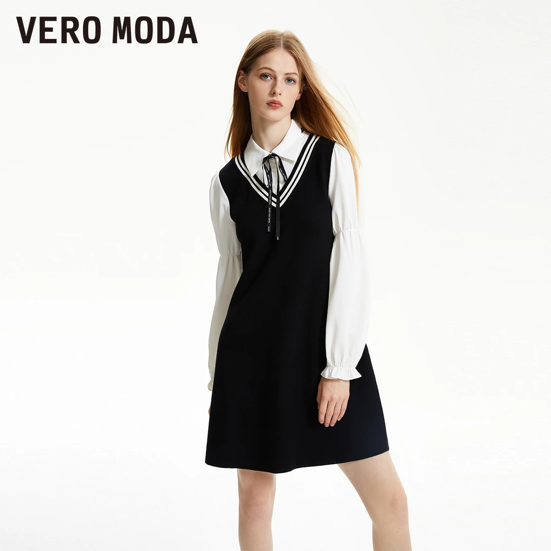 【官方】Vero Moda连衣裙秋冬学院风时尚长袖针织衬衫裙323346048