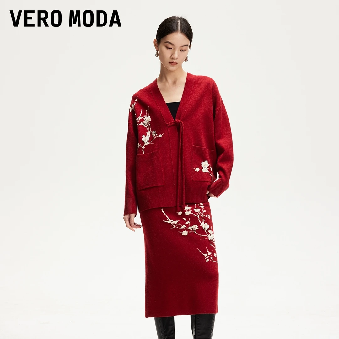 Vero Moda商场同款新品红针织衫气质款钉珠提花盘扣开衫325113041