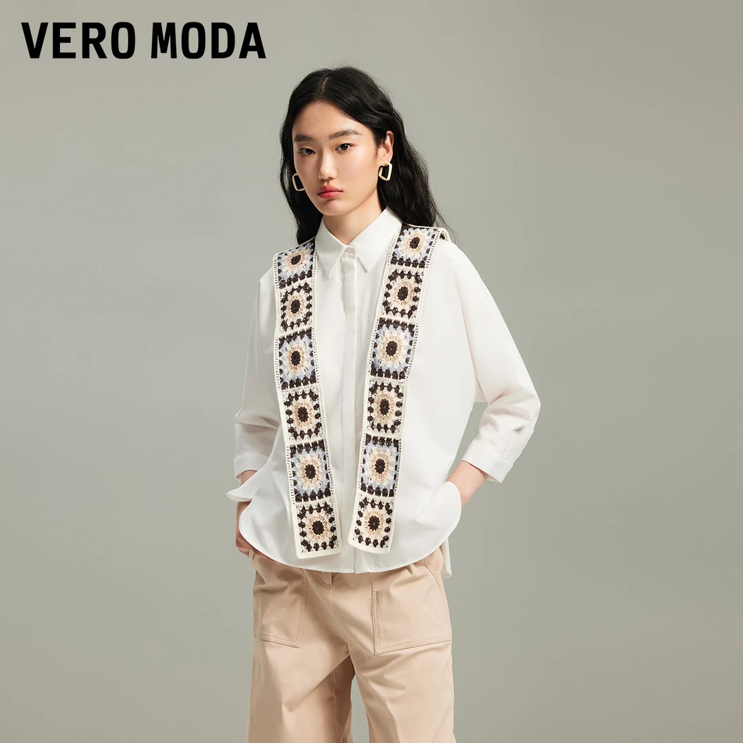 Vero Moda春游出行衬衫田园风钩花披肩七分袖休闲百搭324231008