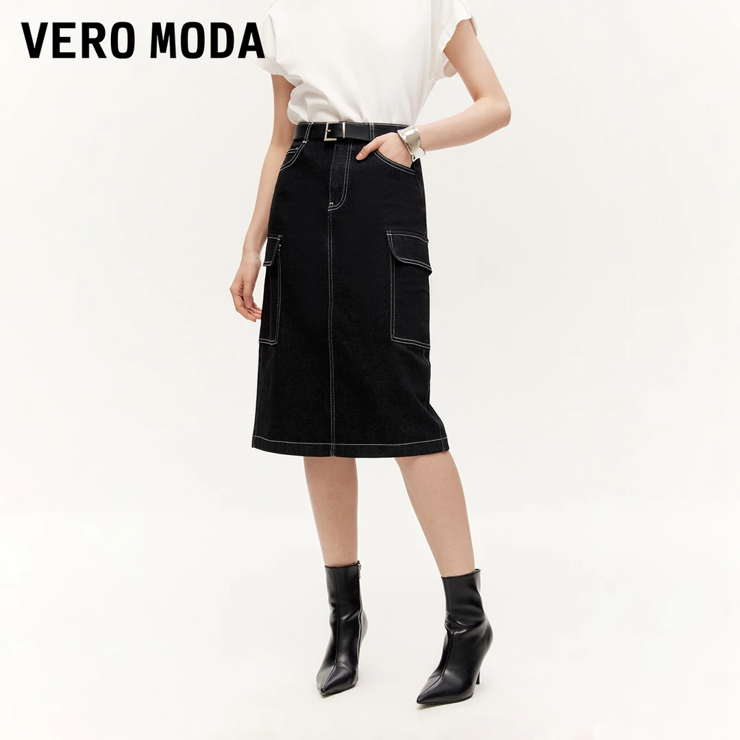 Vero Moda新款高能感半身裙女工装风中长裙百搭老钱风324337021