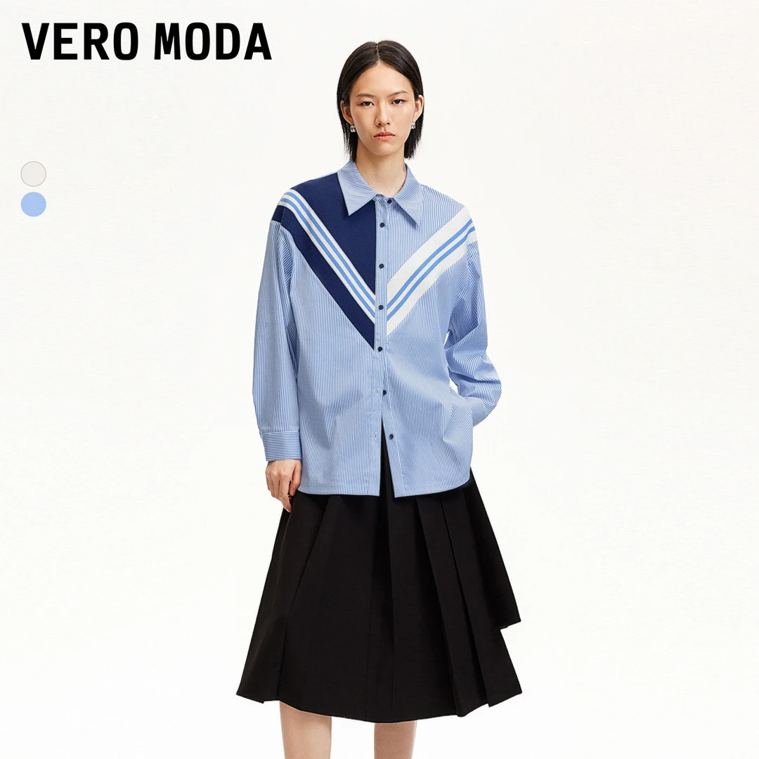Vero Moda欧若风衬衫女2025新款时尚拼色竖条纹针织拼接324405009