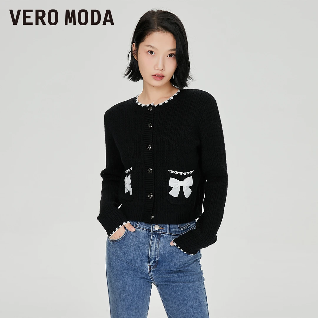 【官方】Vero Moda千金风针织开衫女小香风红色蝴蝶结323124003