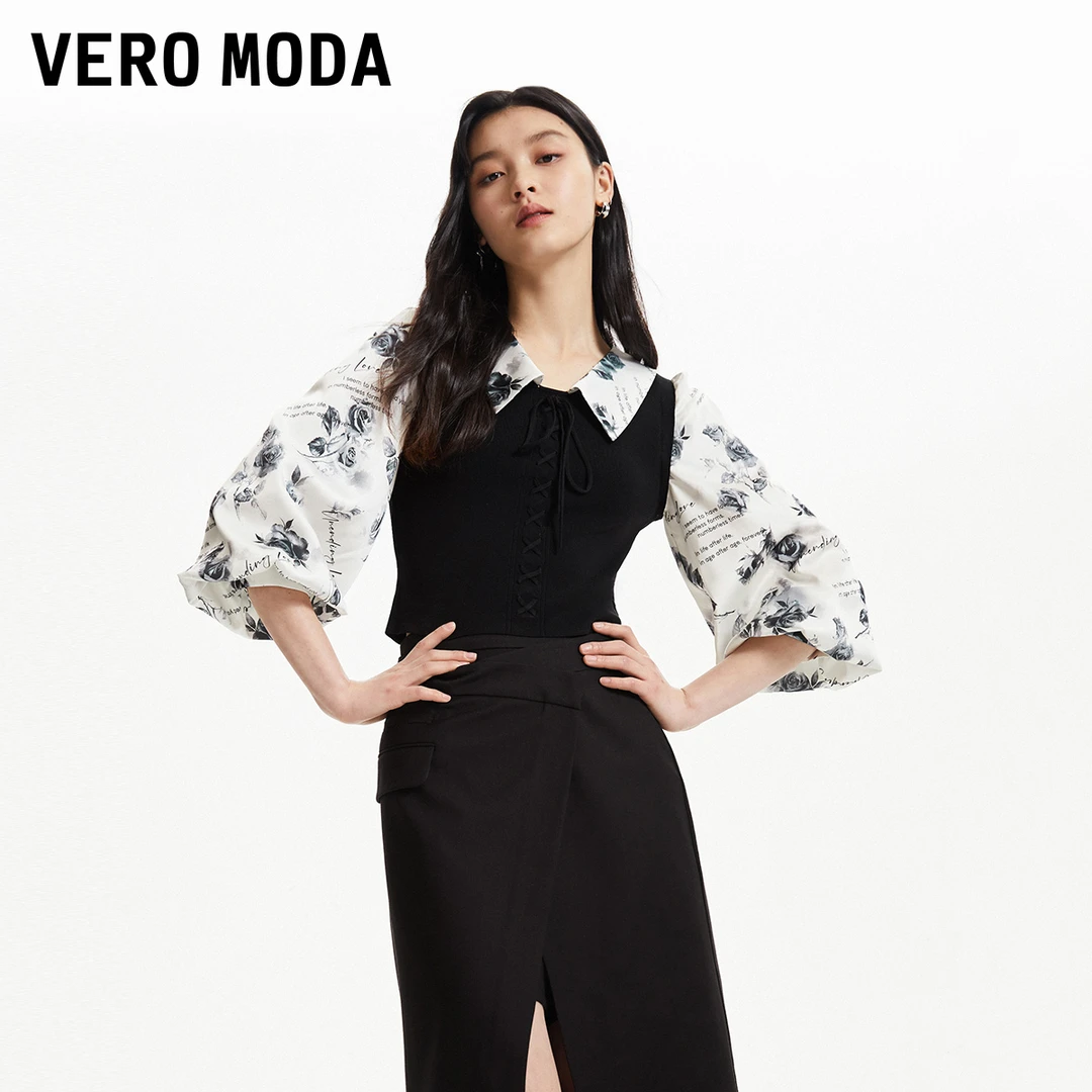 Vero Moda上衣女新款优雅拼接花朵翻领泡泡袖百搭高级感324358007
