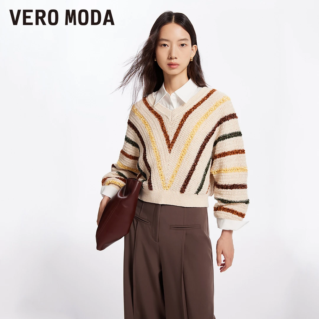 Vero Moda欧若风毛衣时尚舒适条纹V领上衣女秋冬百搭324113018
