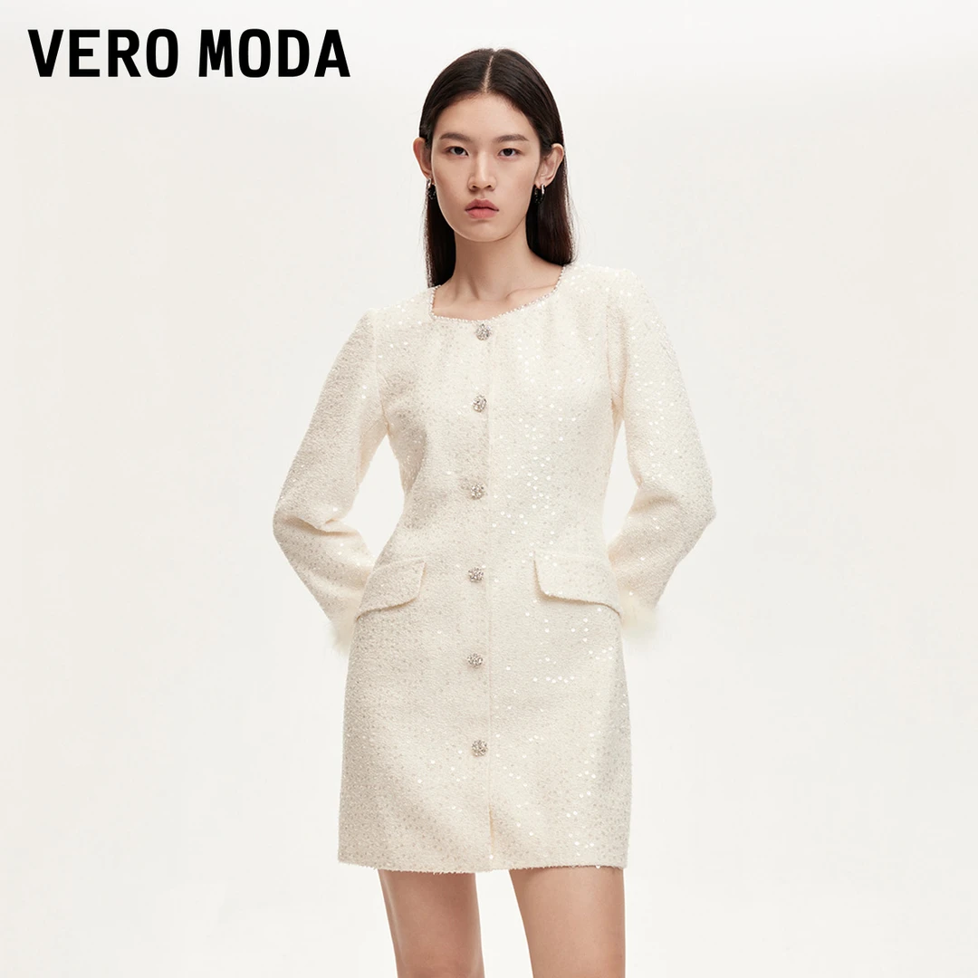 Vero Moda氧气裙连衣裙小众洋气装亮片小香风羽毛袖口32517D011