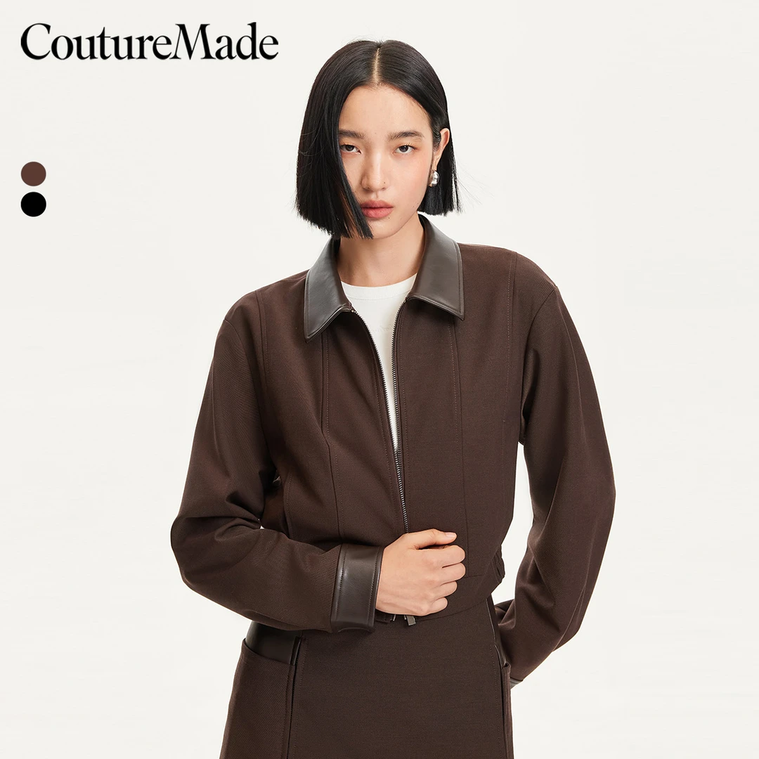 Couture Made欧若风夹克PU拼接翻领夹克外套女百搭洋气324317018