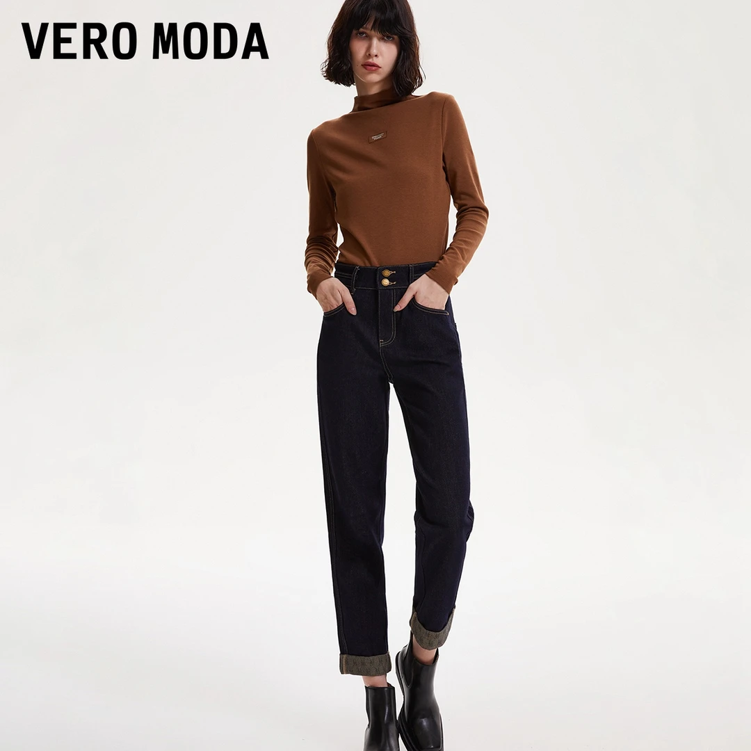 Vero Moda2024经典牛仔裤女高腰挽裤脚萝卜裤显瘦324149018