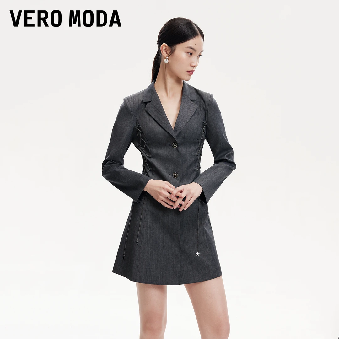 Vero Moda欧若风连衣裙女早秋链条绑带收腰垫肩西装裙32437D014