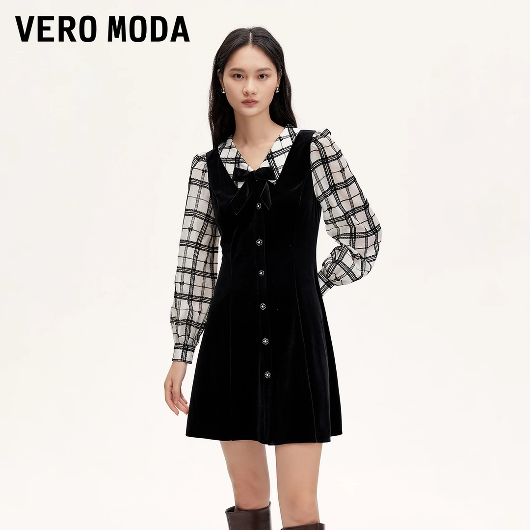 Vero Moda连衣裙女2024拼接格纹蝴蝶结翻领丝绒3243SZ015