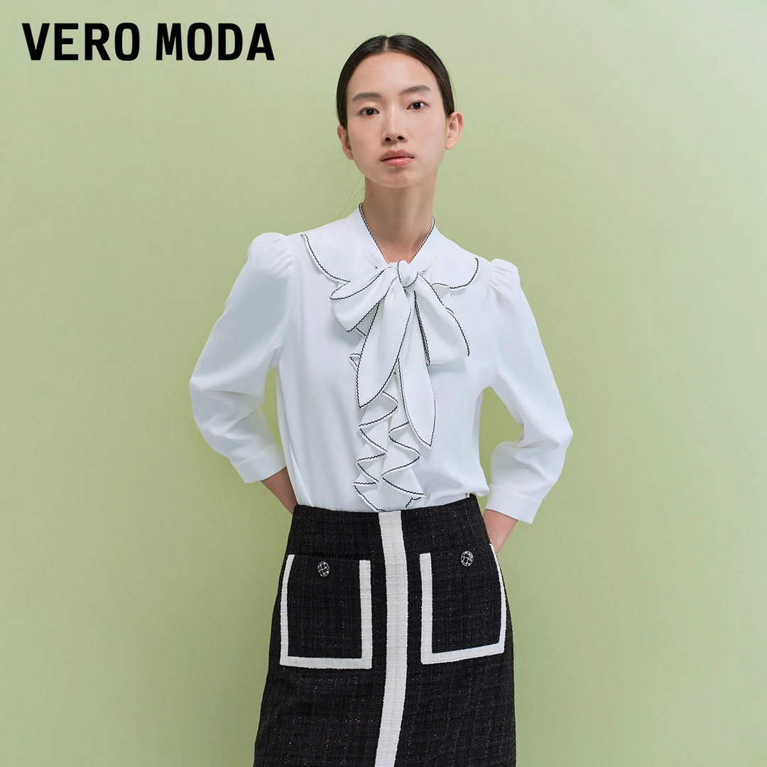 【官方】Vero Moda2024新款衬衫优雅七分袖荷叶领上衣女324131002