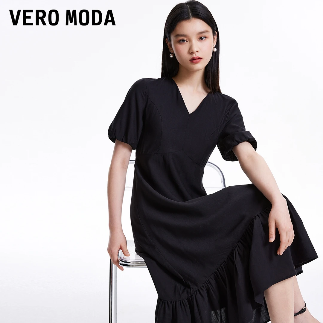 Vero Moda2025新款连衣裙女宽松V领花苞荷叶边长裙32416Z003