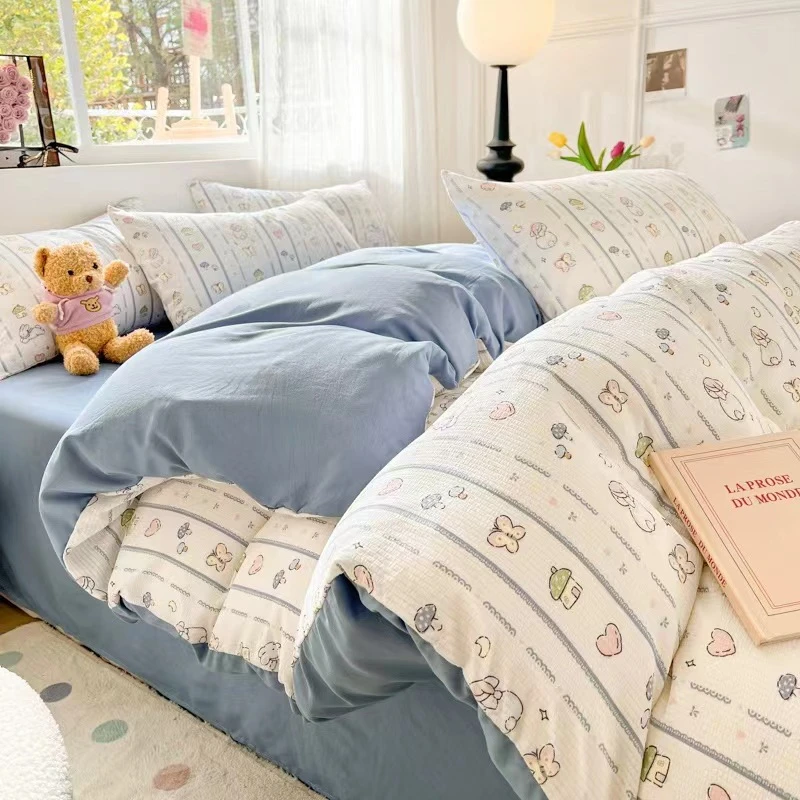 小清新水洗棉四件套简约印花棉床上用品 床单四件套床品四件套