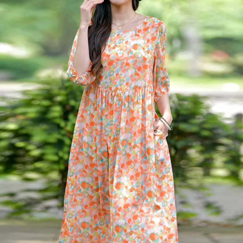 2025新款气质棉绸连衣裙夏季碎花透气时尚舒适人造棉宽松长裙子