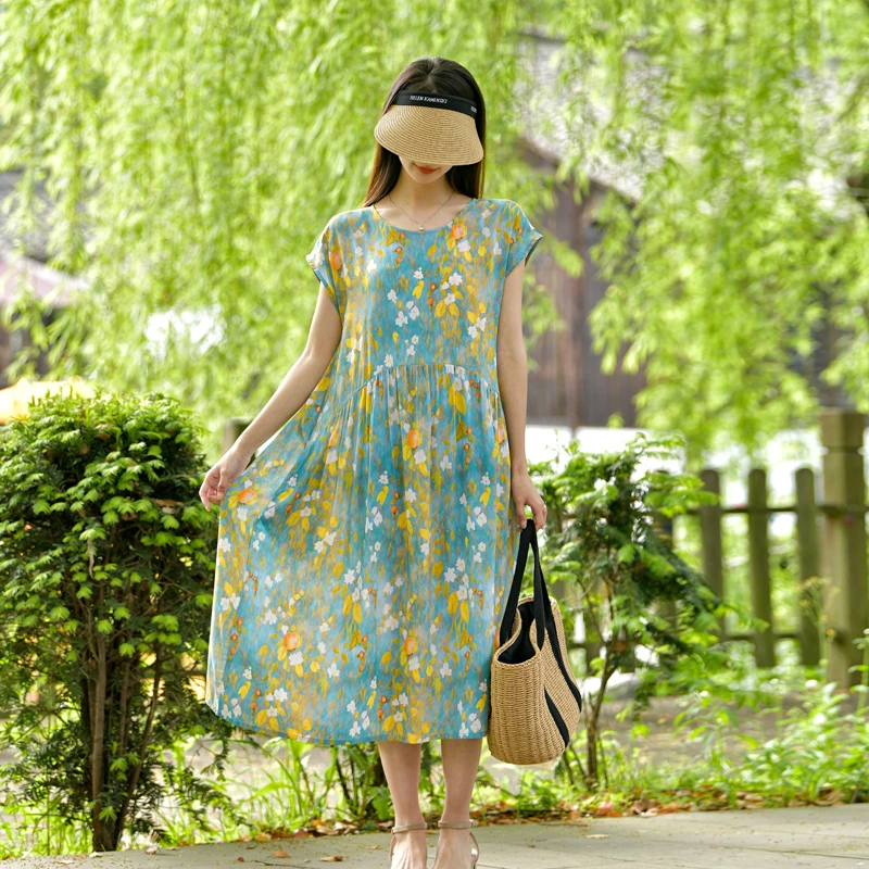 棉绸连衣裙女2025新款夏季人造棉绵时尚外穿中长款落肩袖碎花裙子