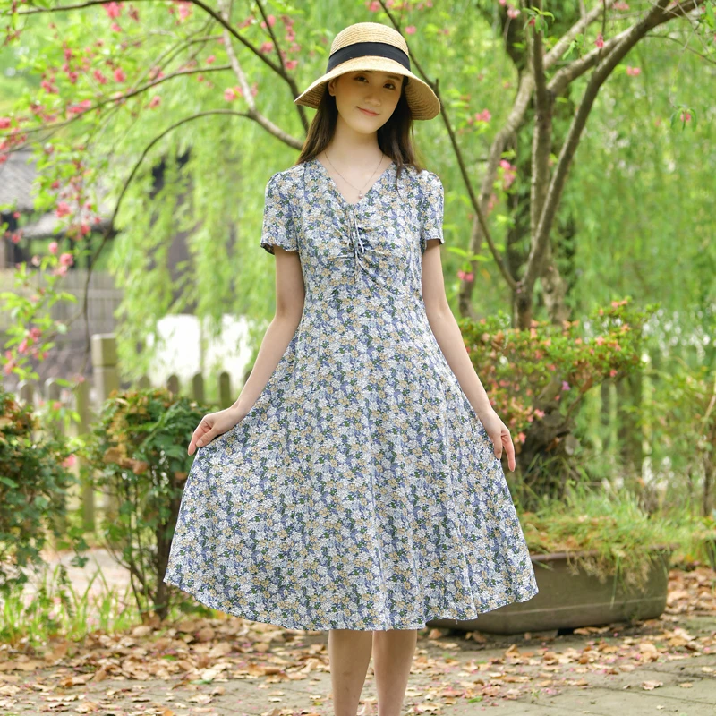 棉绸连衣裙女2025夏新款时尚洋气小个子中长款人造棉棉绸显瘦裙子