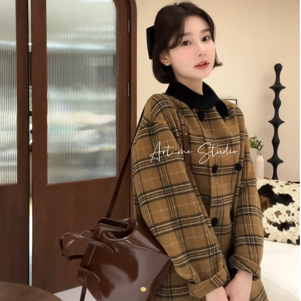 卡停莫奈格子小翻领拼色格纹百搭时尚羊毛中长款大衣w24218