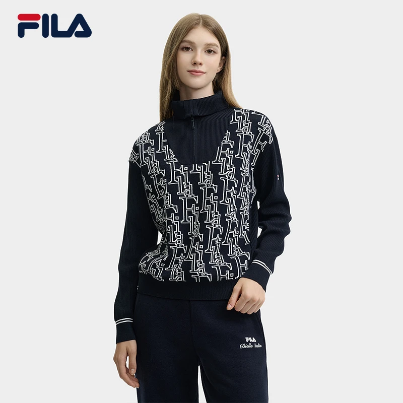 Fila/斐乐女春【高档轻奢老花编织衫】翻领内搭长袖上衣F11W448407F