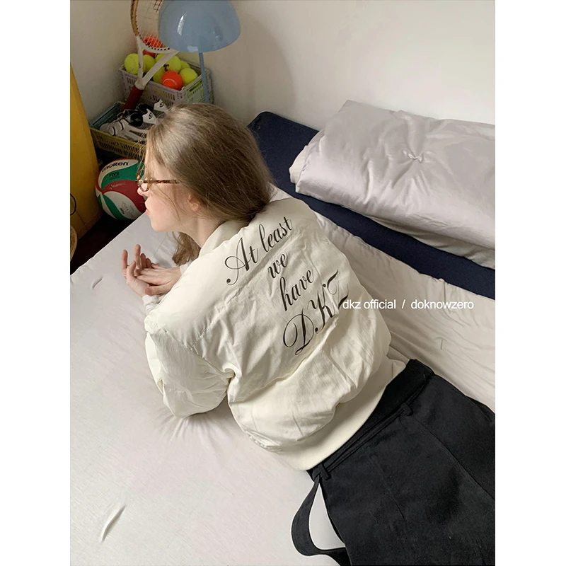 DKZ 杏色棉服女秋冬短款休闲百搭蝴蝶结绑带棉衣外套