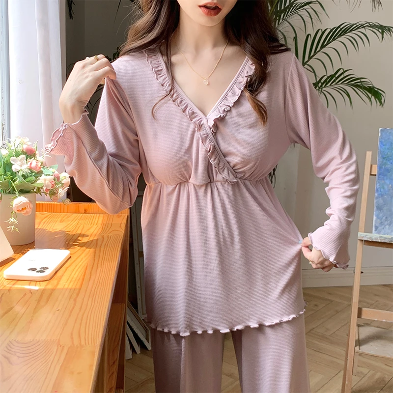 莫代尔月子服夏薄款产后喂奶哺乳家居服怀孕期春夏孕妇睡衣带胸垫