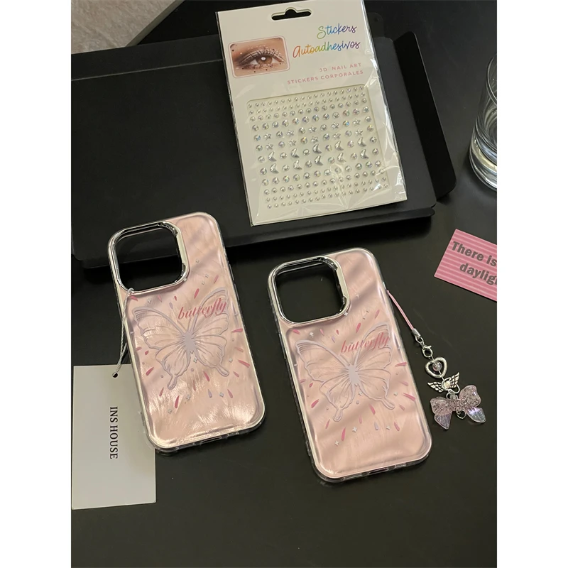适用苹果系列iPhone15pro羽纱粉14pro白线条蝴蝶13新款12手机壳