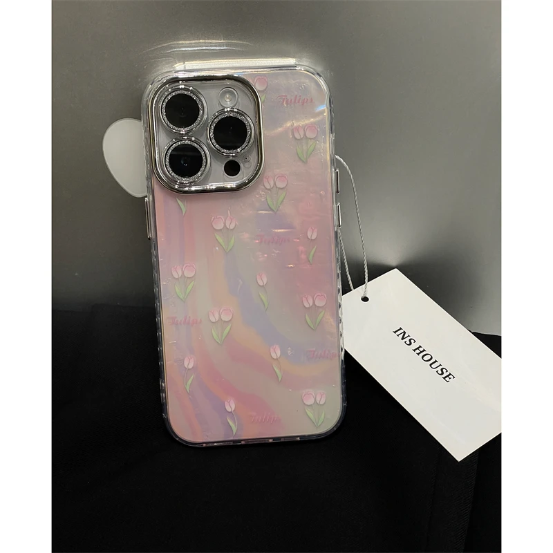 适用苹果系列iPhone14ins贝壳纹13pro粉色郁金香12p双层11手机壳
