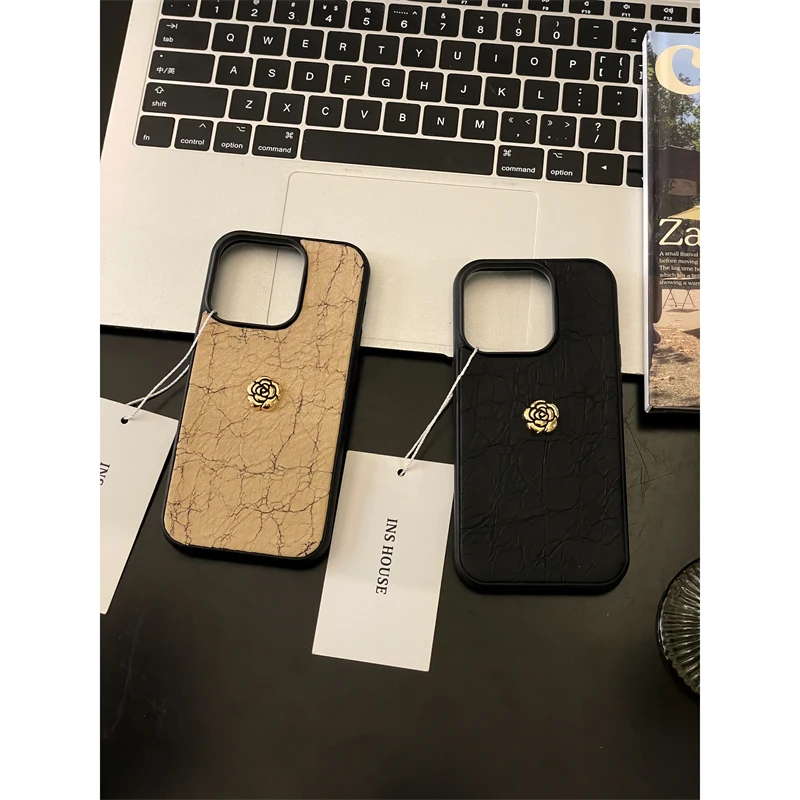 适用苹果系列iPhone15小众皮质14p立体山茶花13p个性创意11手机壳