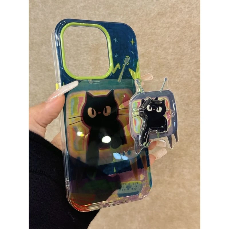 卡通油画黑猫TV适用ihone16promax苹果15pro手机壳14新款13半透色